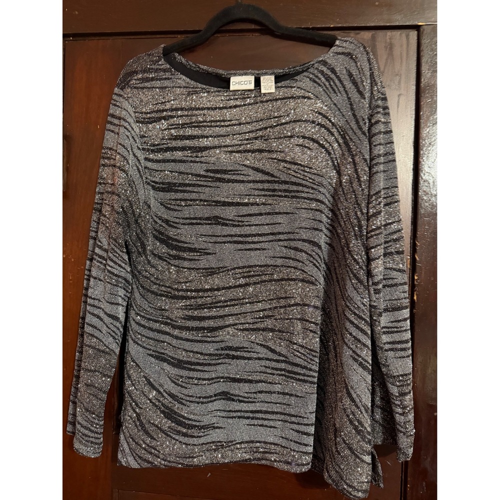 Chicos Silver Zebra Metallic Glitter Long Blouse Top Size 3/XL Shimmer Sparkle